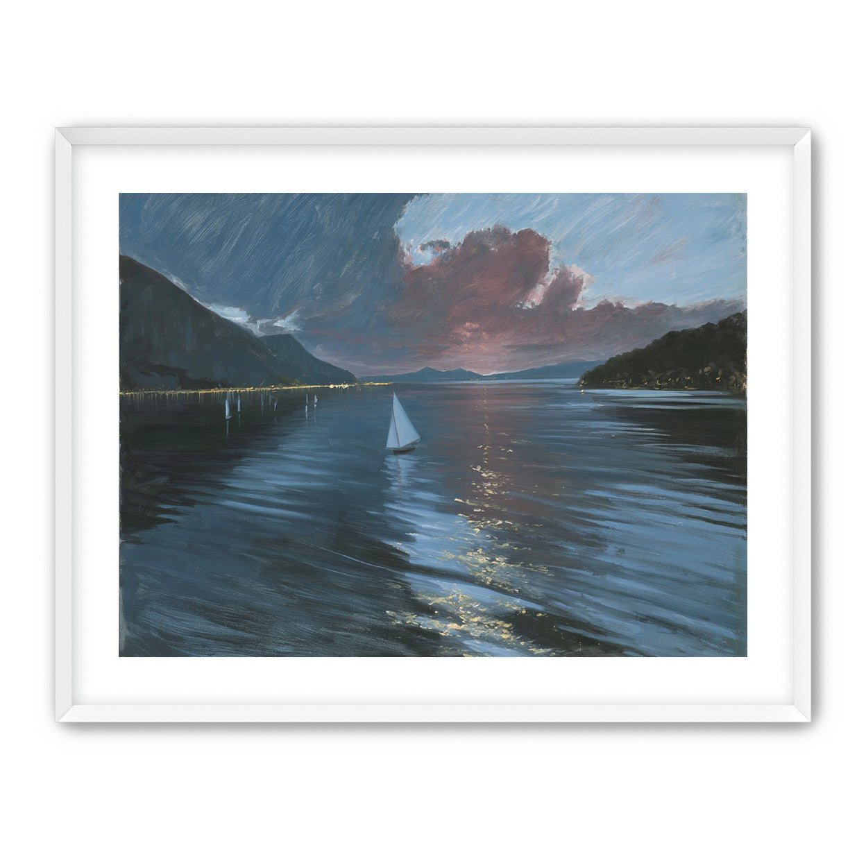A sailboat beneath storm clouds
