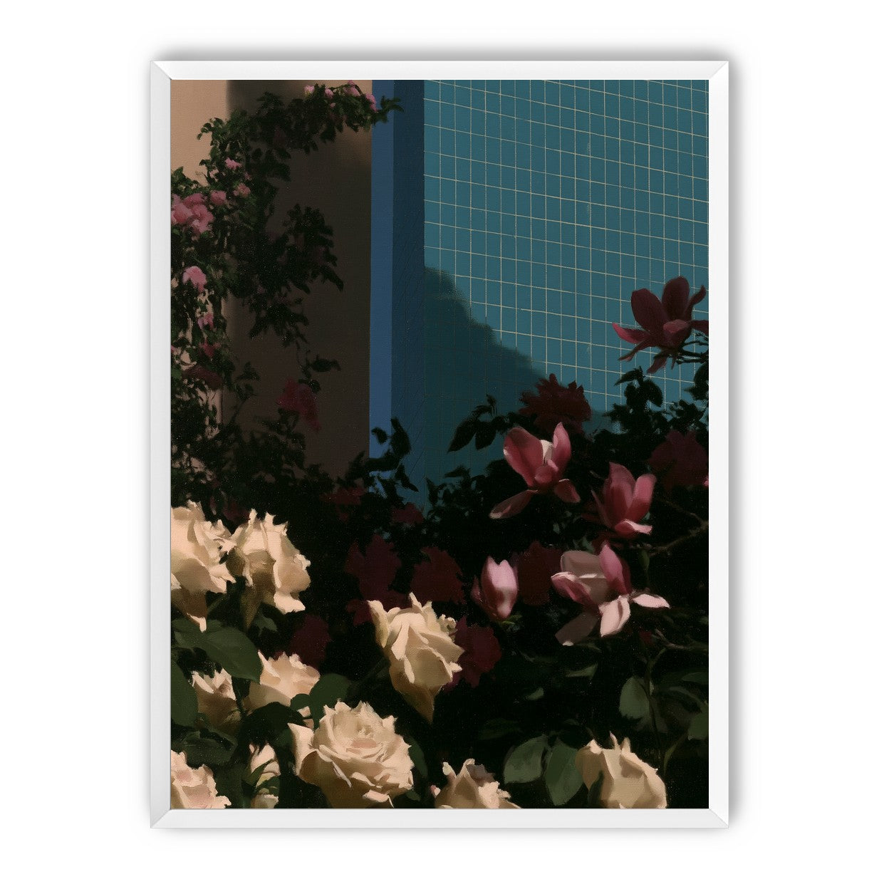 Flowers beneath the tiled wall