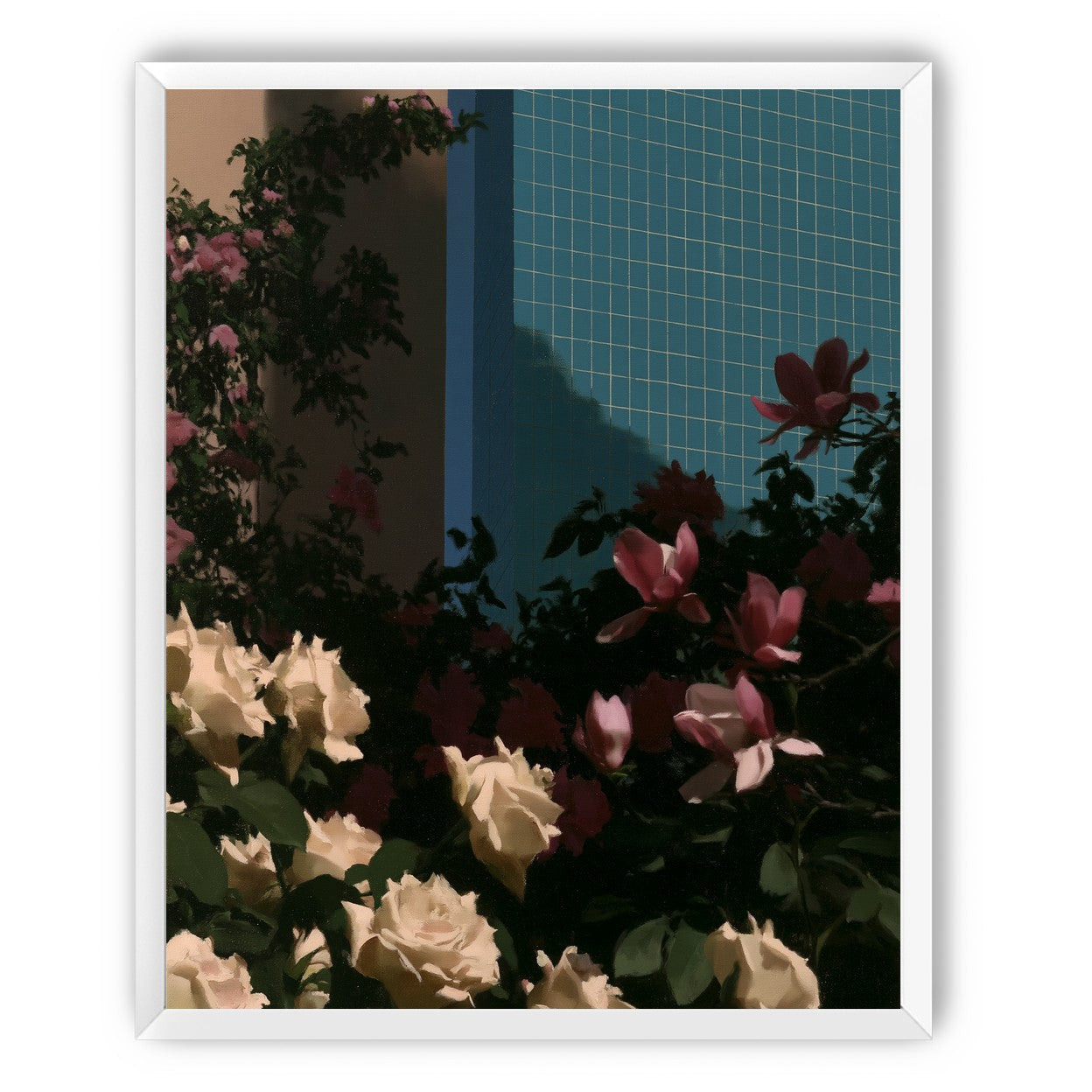 Flowers beneath the tiled wall