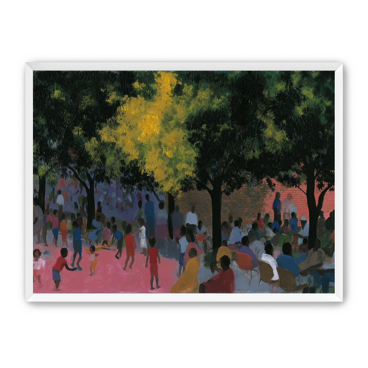 Children playing under trees