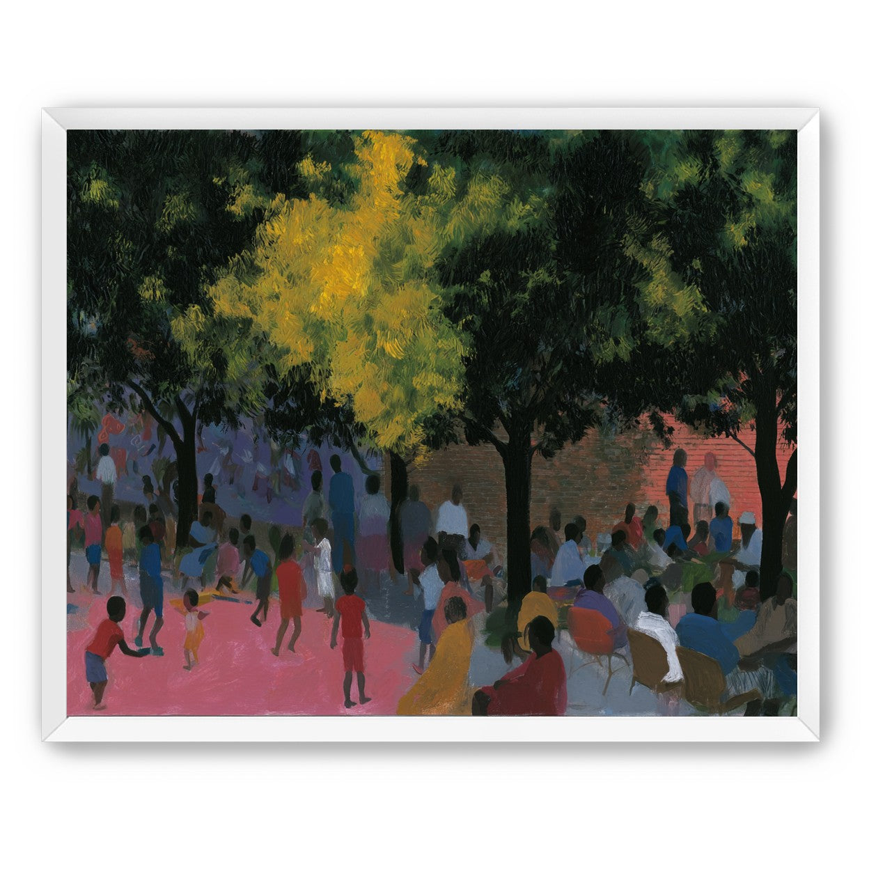 Children playing under trees