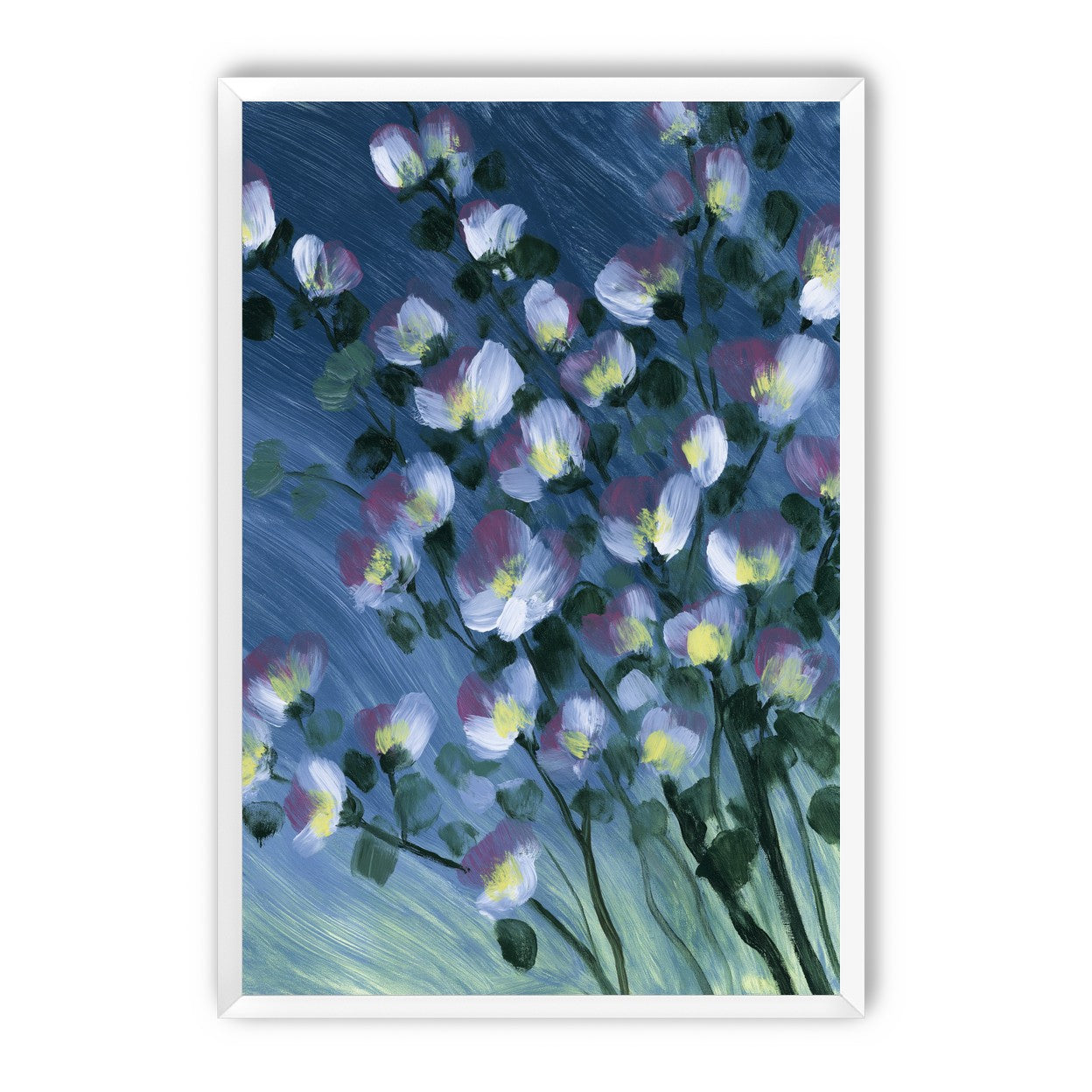 White blossoms on blue field