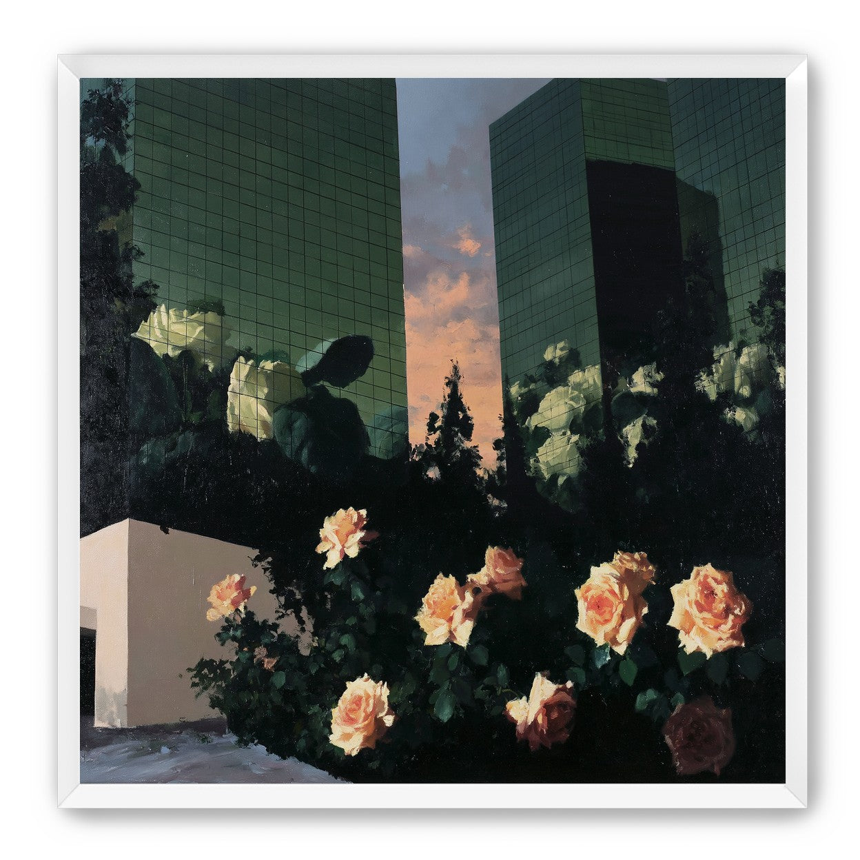 Roses under green towers