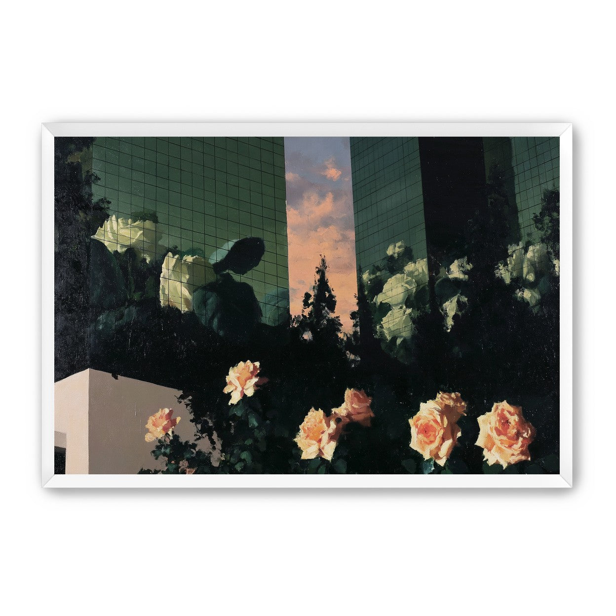 Roses under green towers