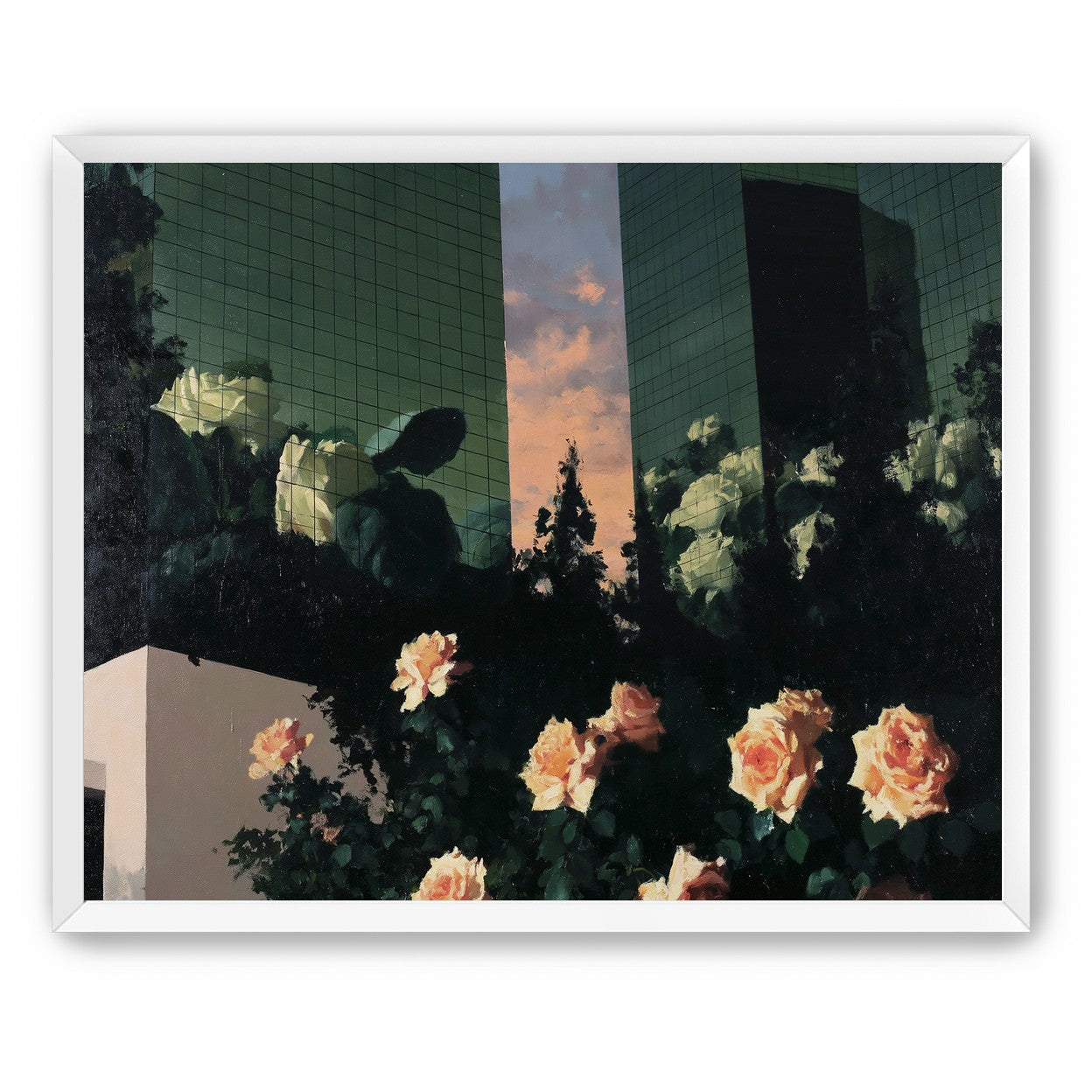 Roses under green towers