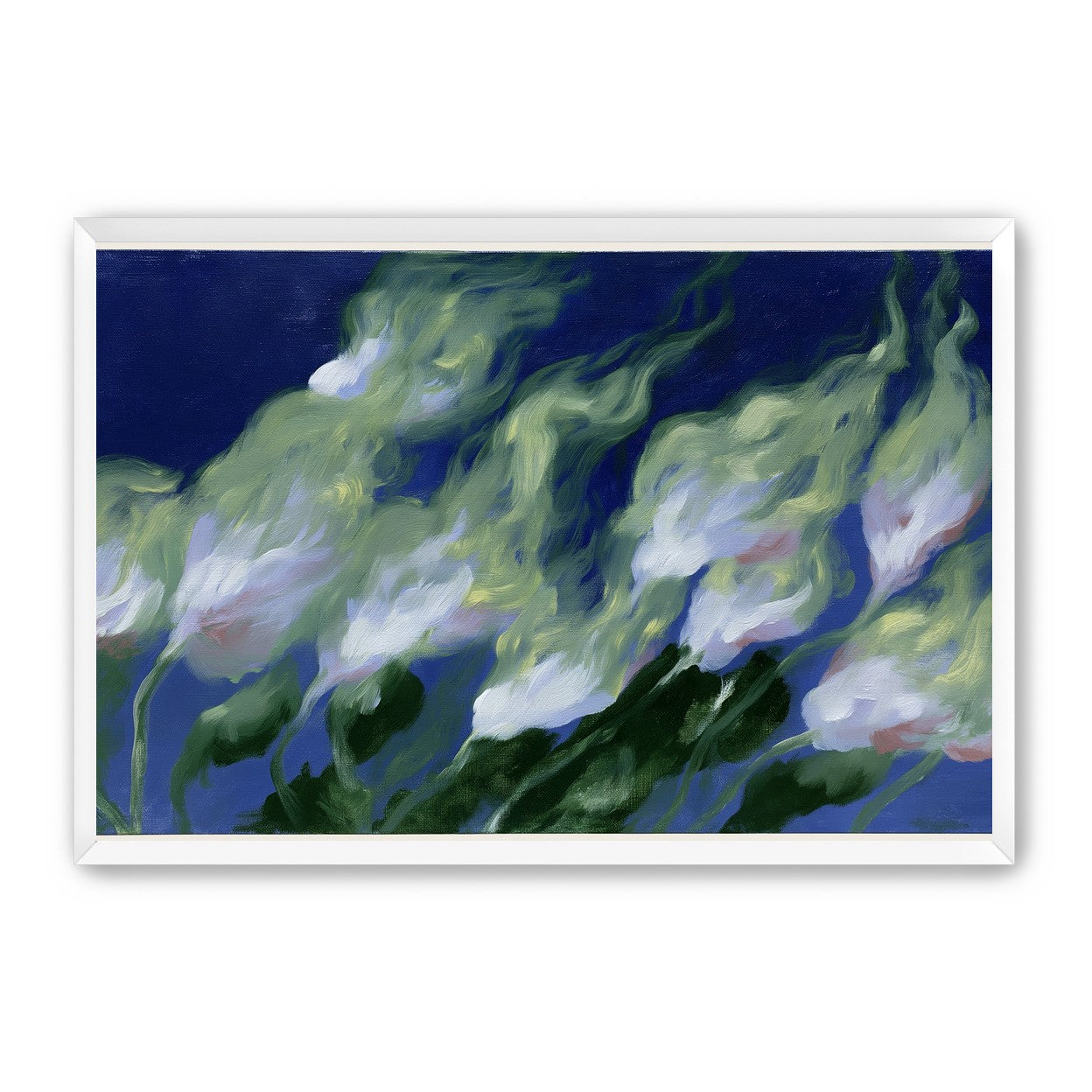 Pale flowers across blue field