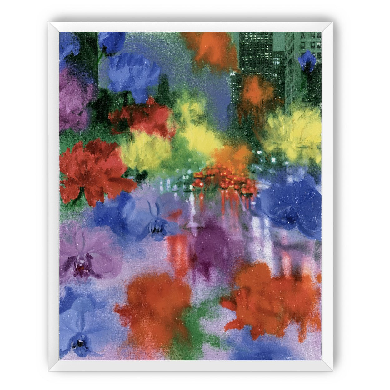 Neon traffic under painted blooms