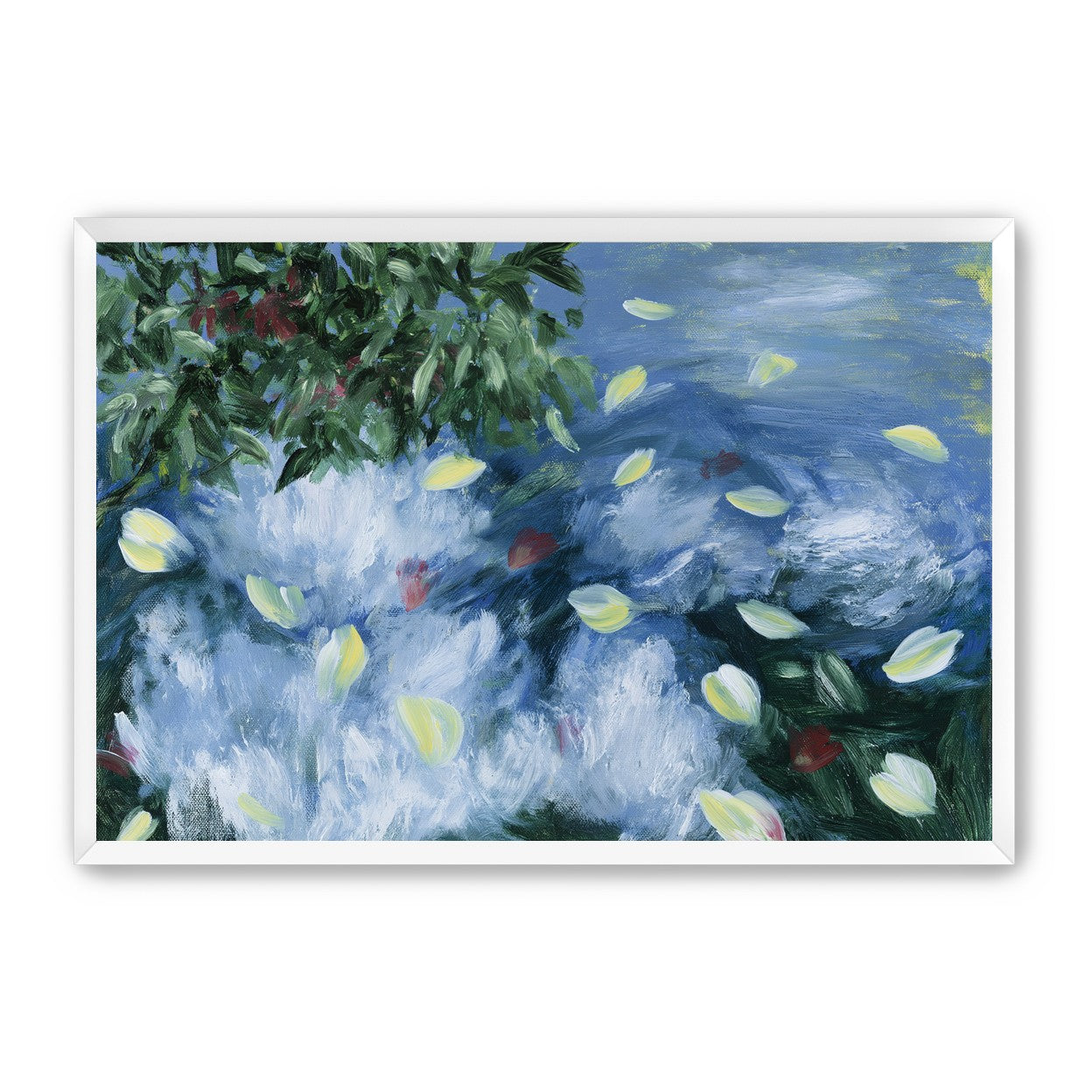 Petals across the blue water