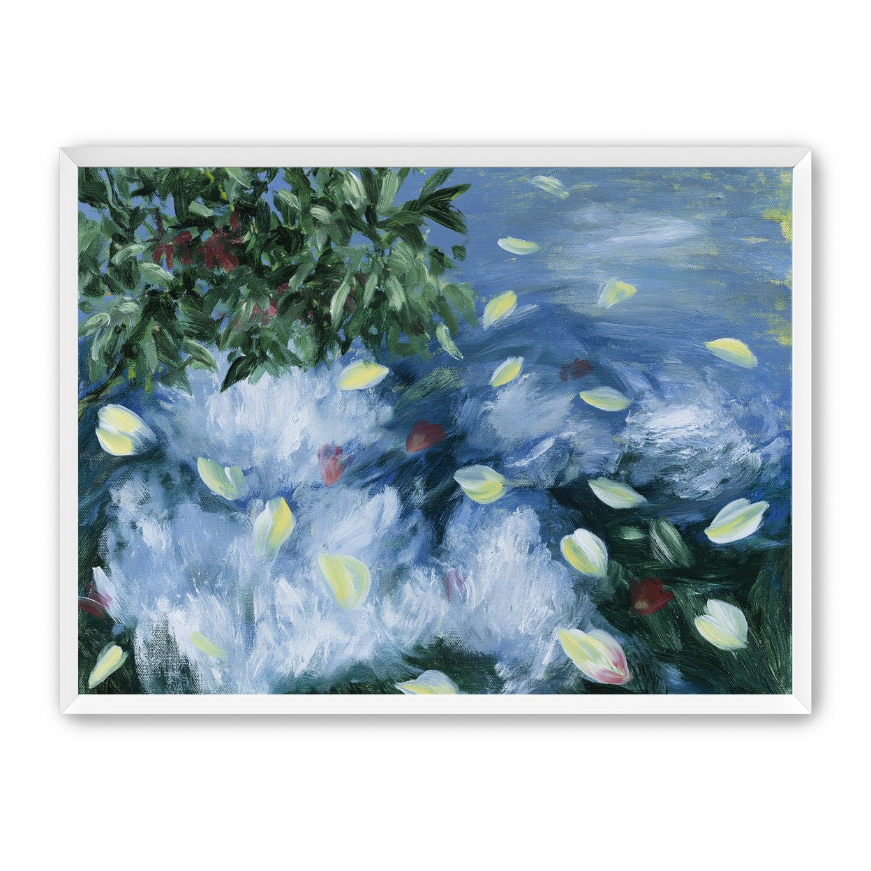 Petals across the blue water