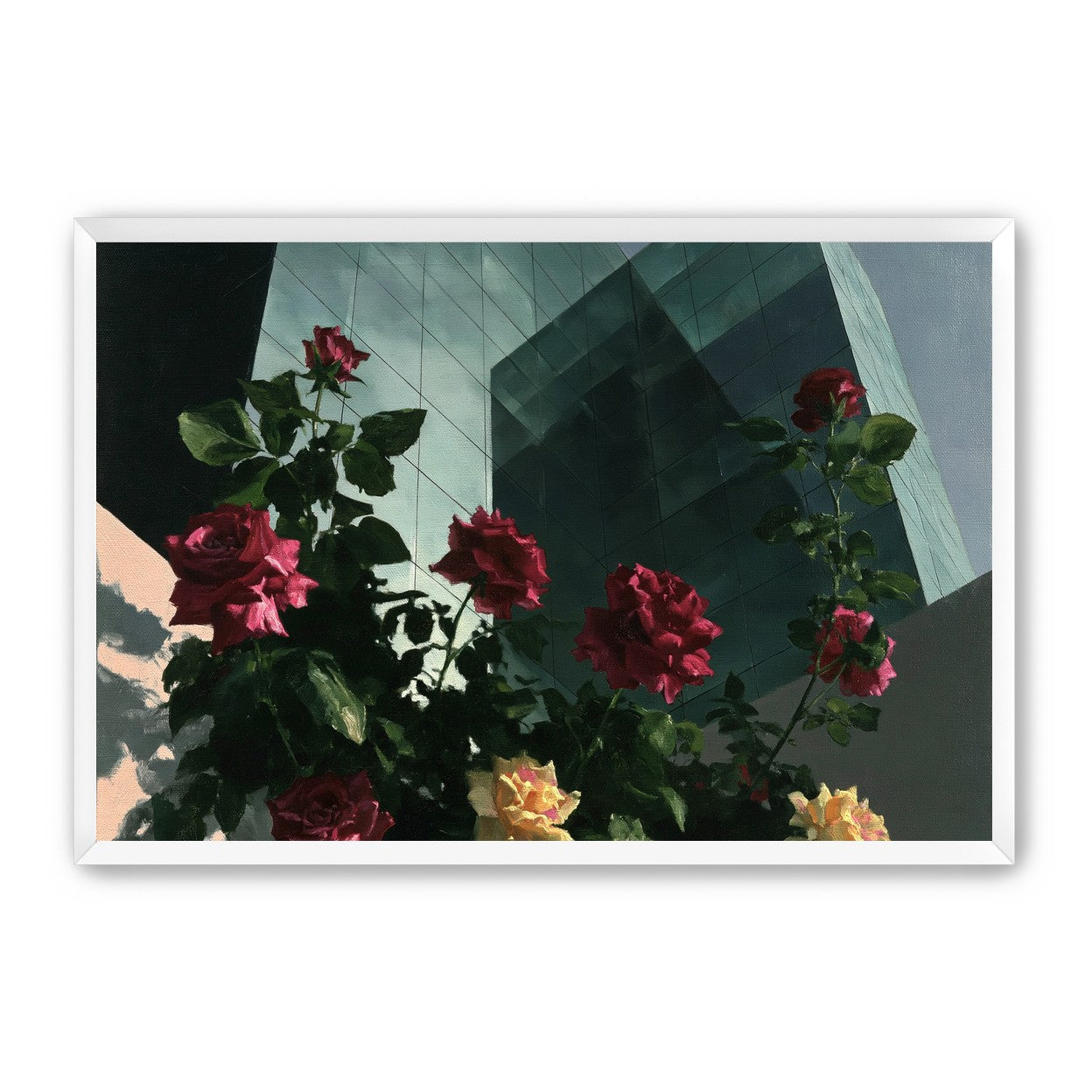 Roses against glass towers