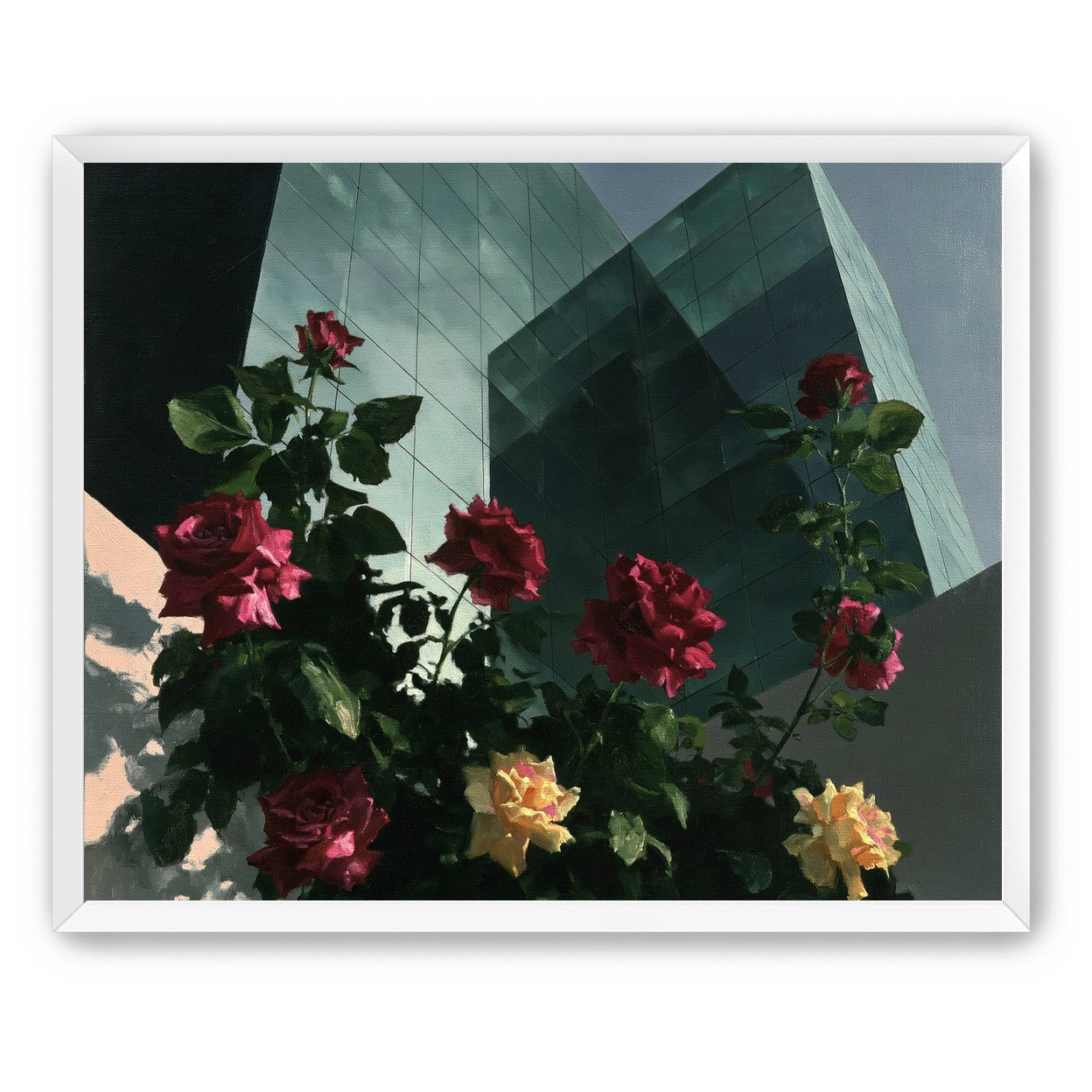 Roses against glass towers