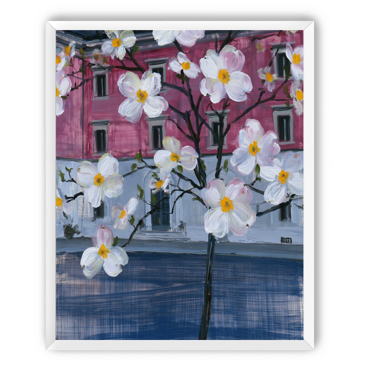 White blossoms over the pink house
