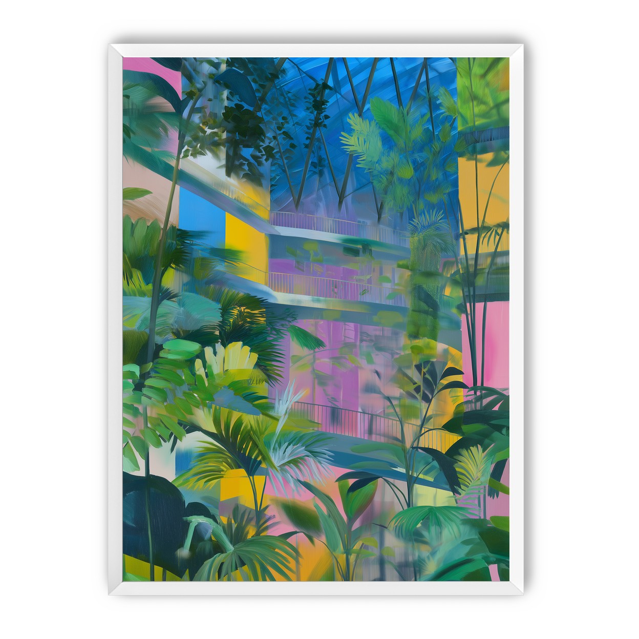 Blue roof over pink atrium