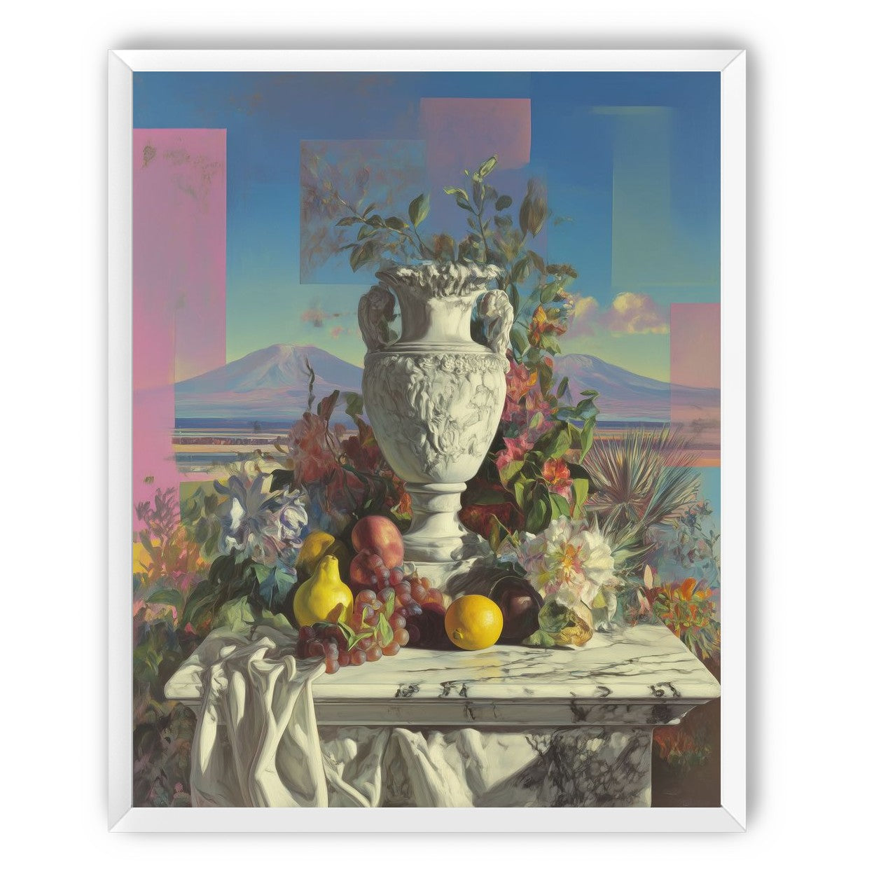 Urn and fruit before mountains