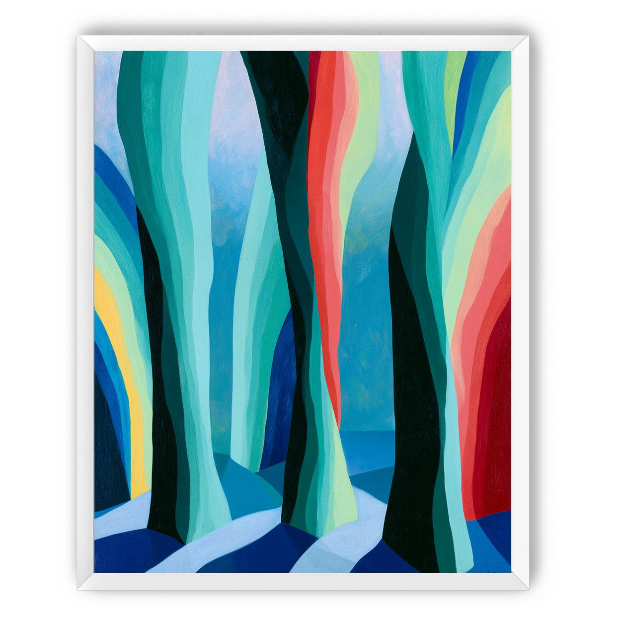 Between red trunks and blue shadows