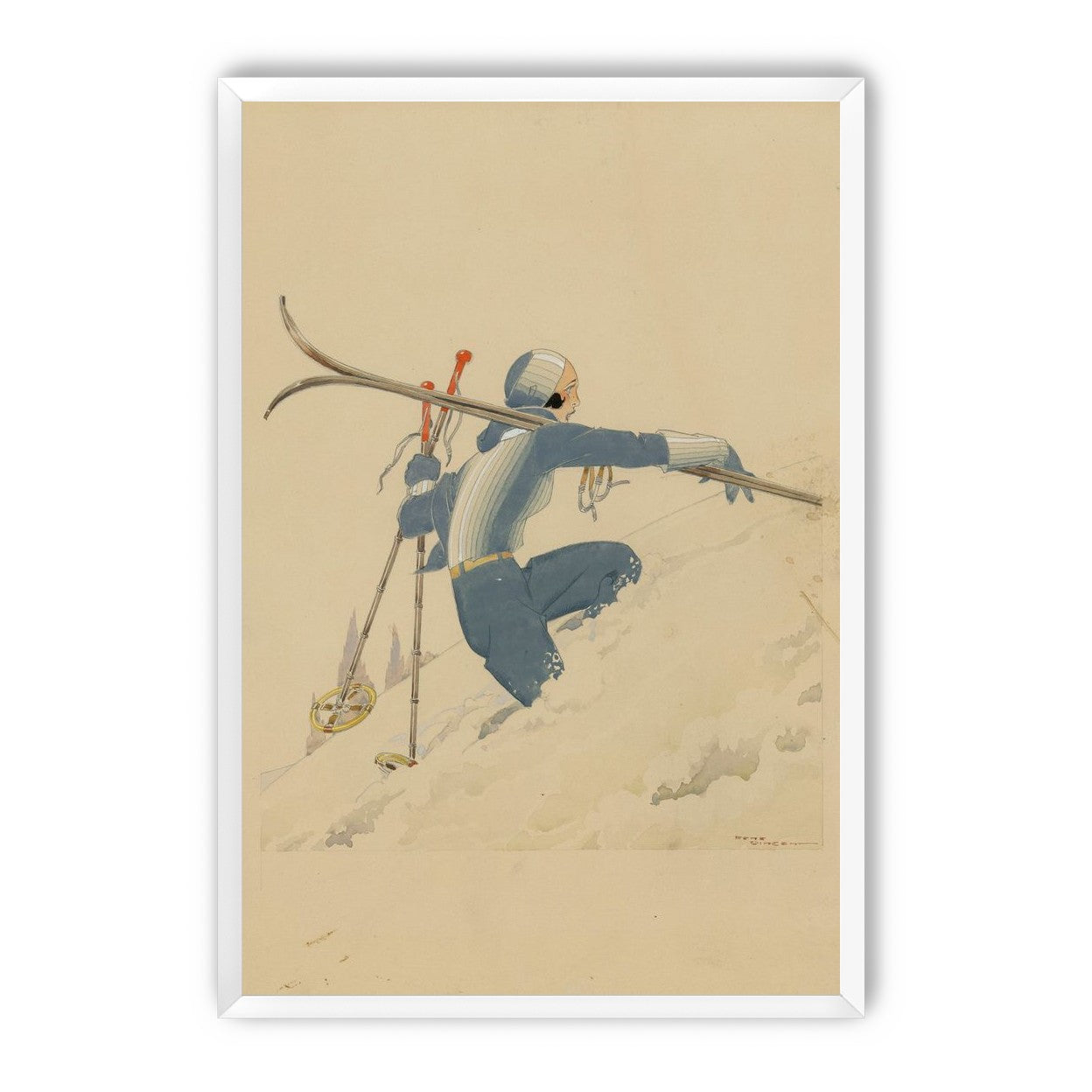 Blue skier in pale snow