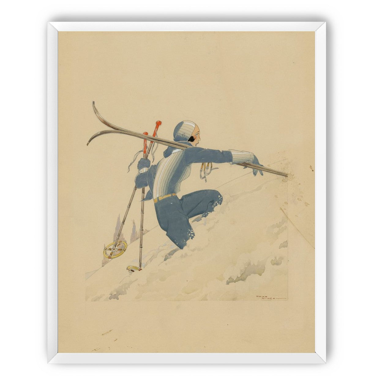 Blue skier in pale snow