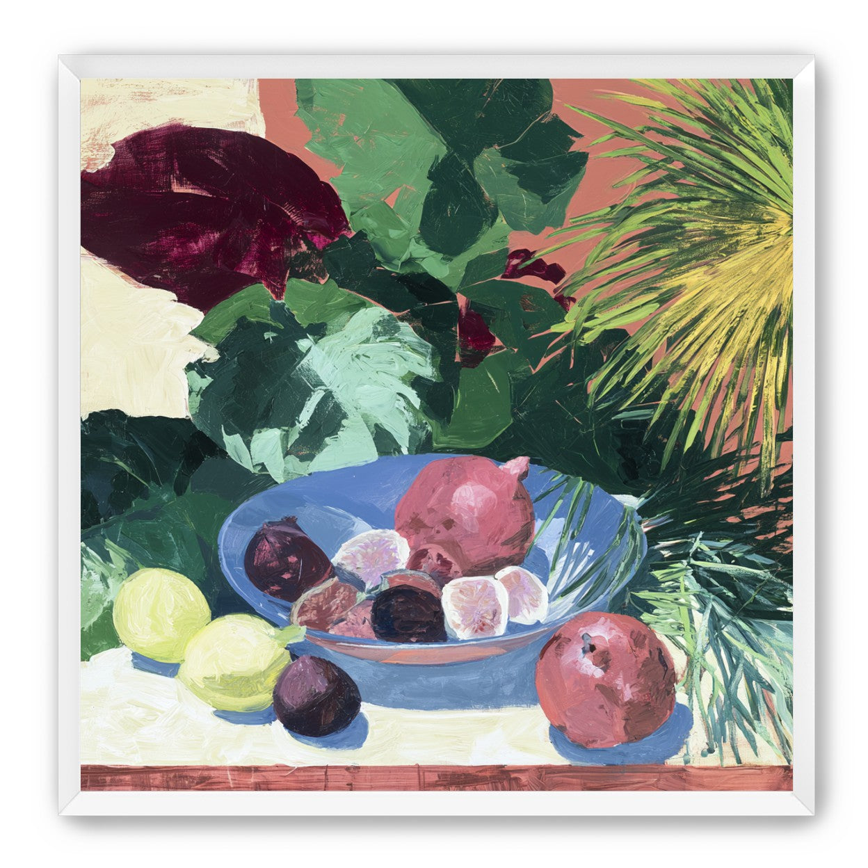Blue bowl under palm frond