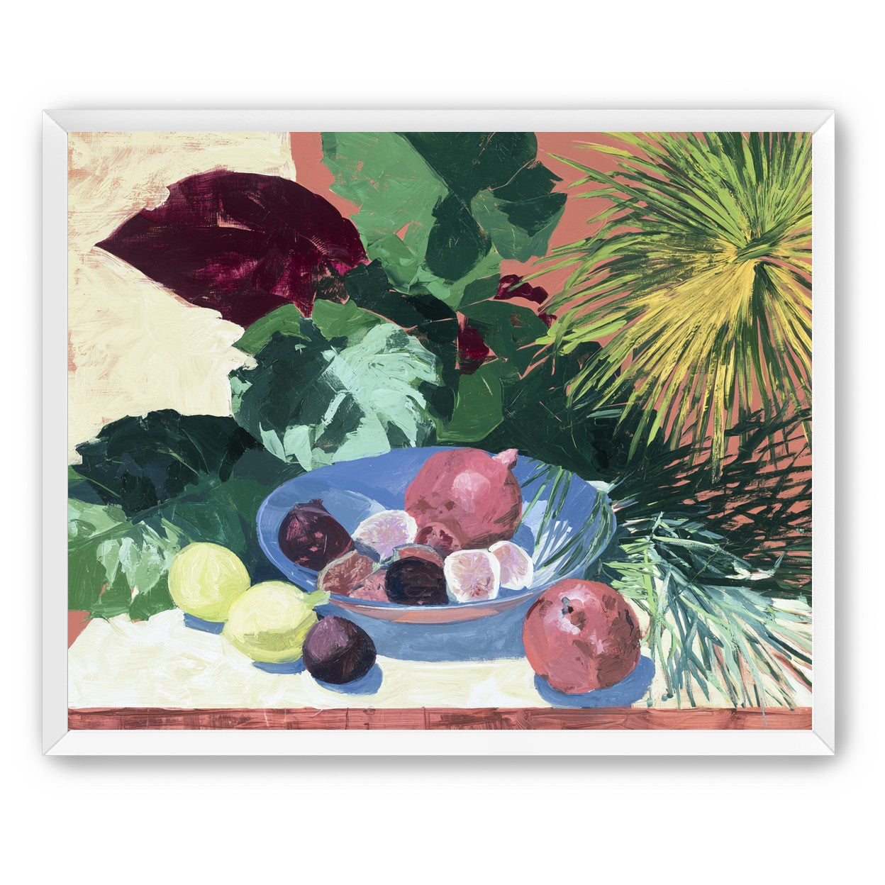 Blue bowl under palm frond