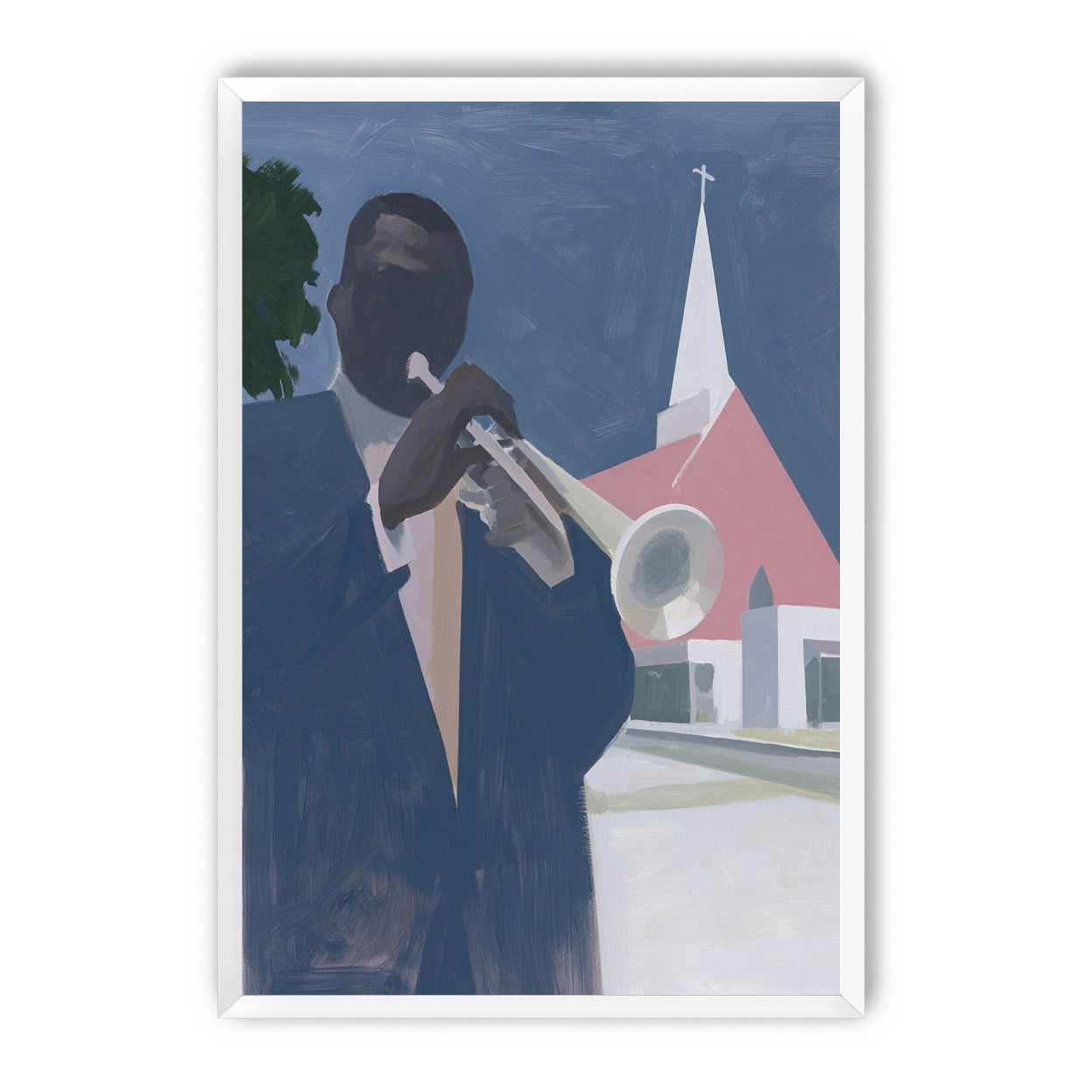 Blue sky over pink church