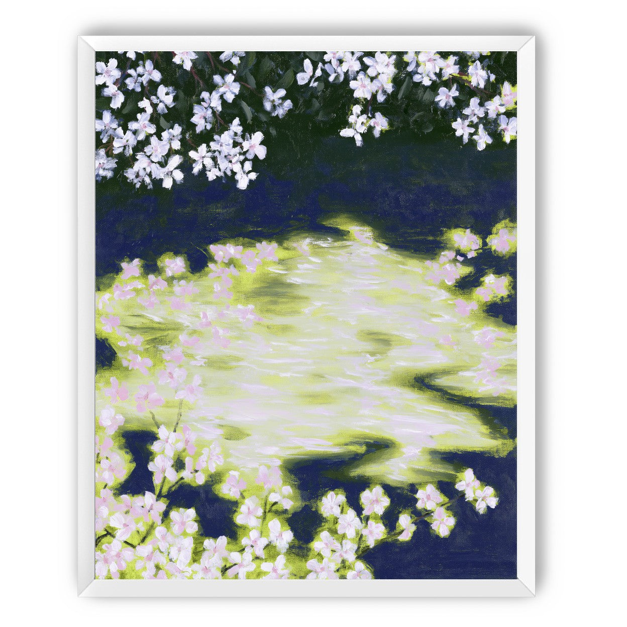 Petals crossing the bright water