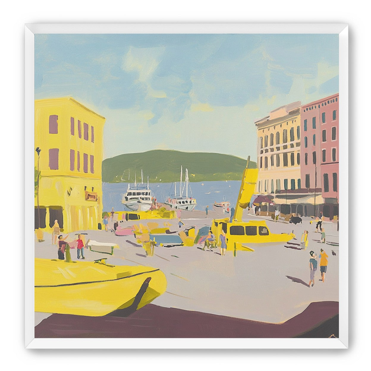 Yellow boats among pastel buildings