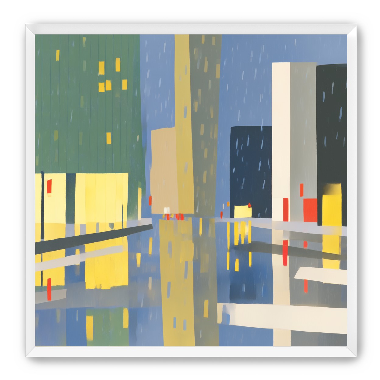 Yellow windows on wet blue street