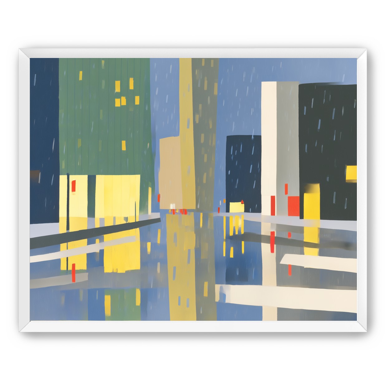 Yellow windows on wet blue street