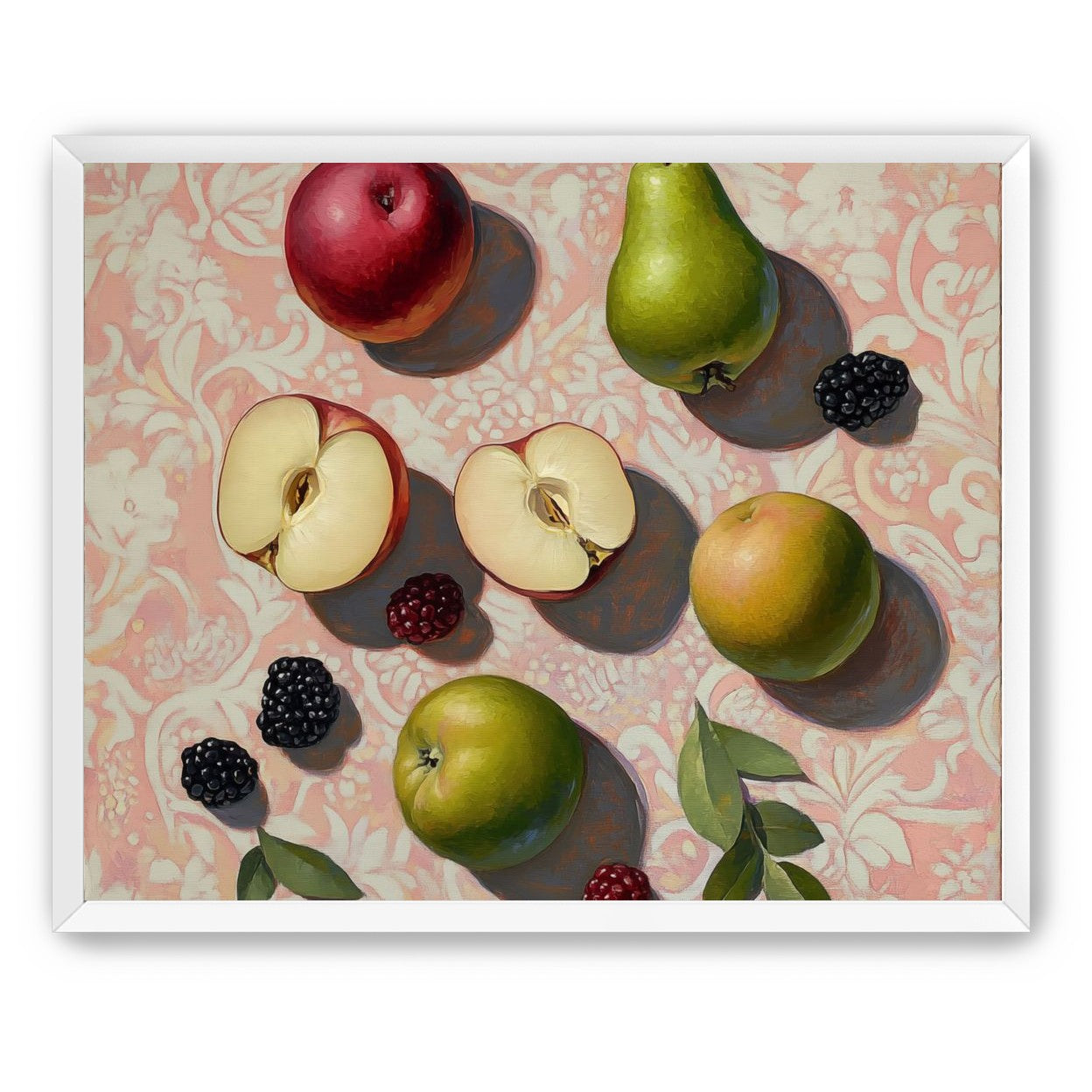 Apples, Pear, and Berries on Floral Fabric