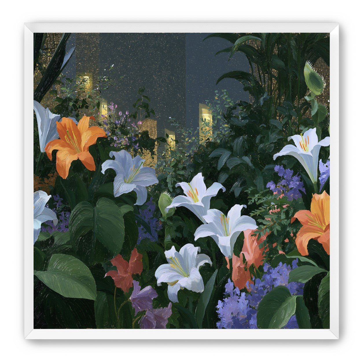 Lit windows beyond the lilies