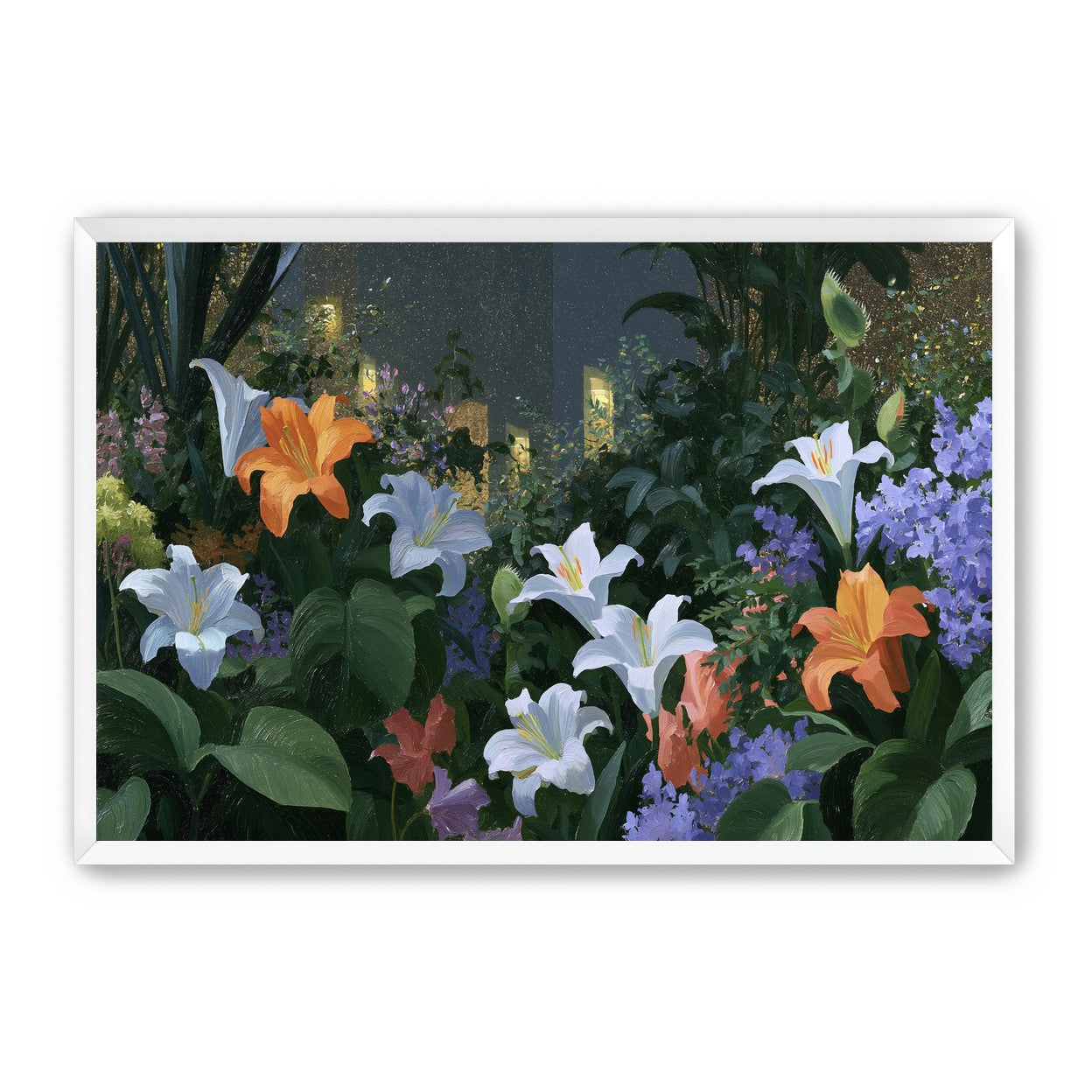 Lit windows beyond the lilies