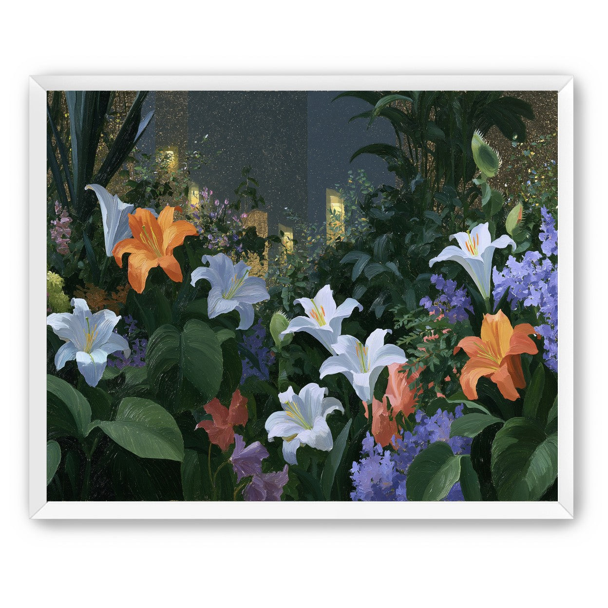 Lit windows beyond the lilies