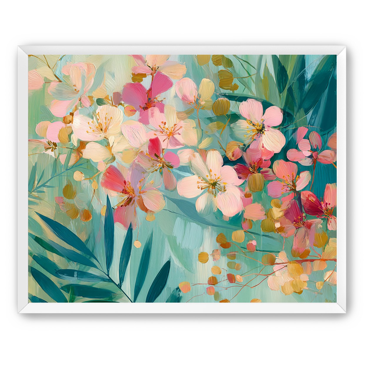 Blossoms over teal leaves