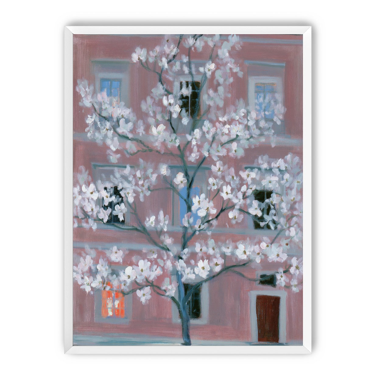 White blossoms against the pink house