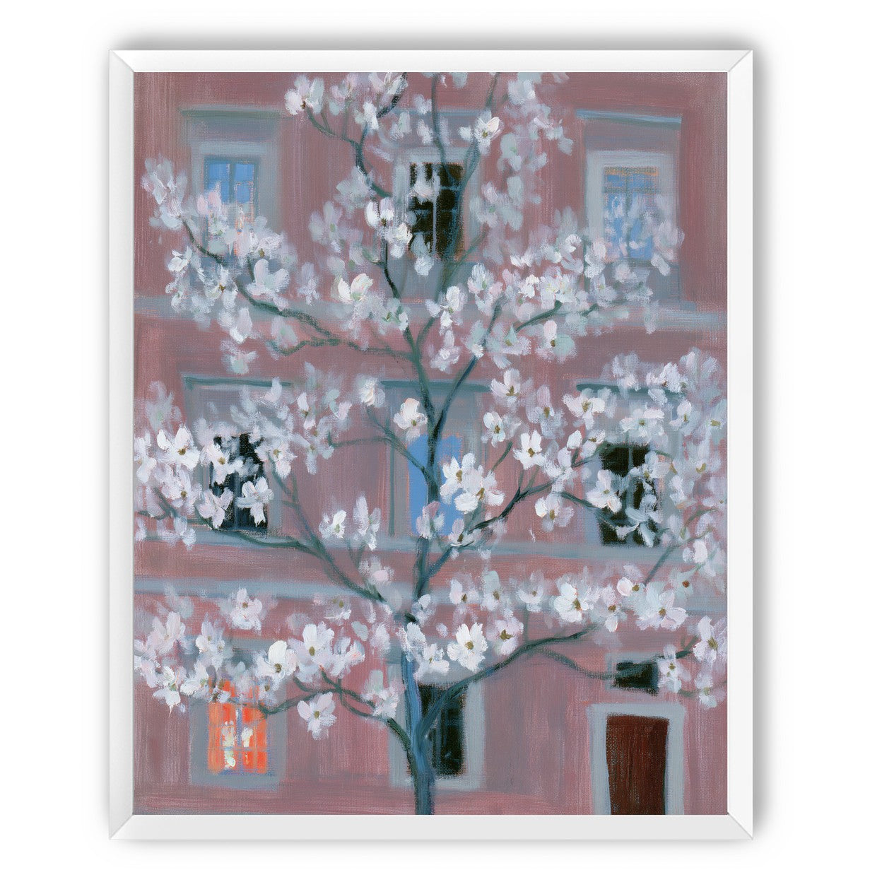 White blossoms against the pink house