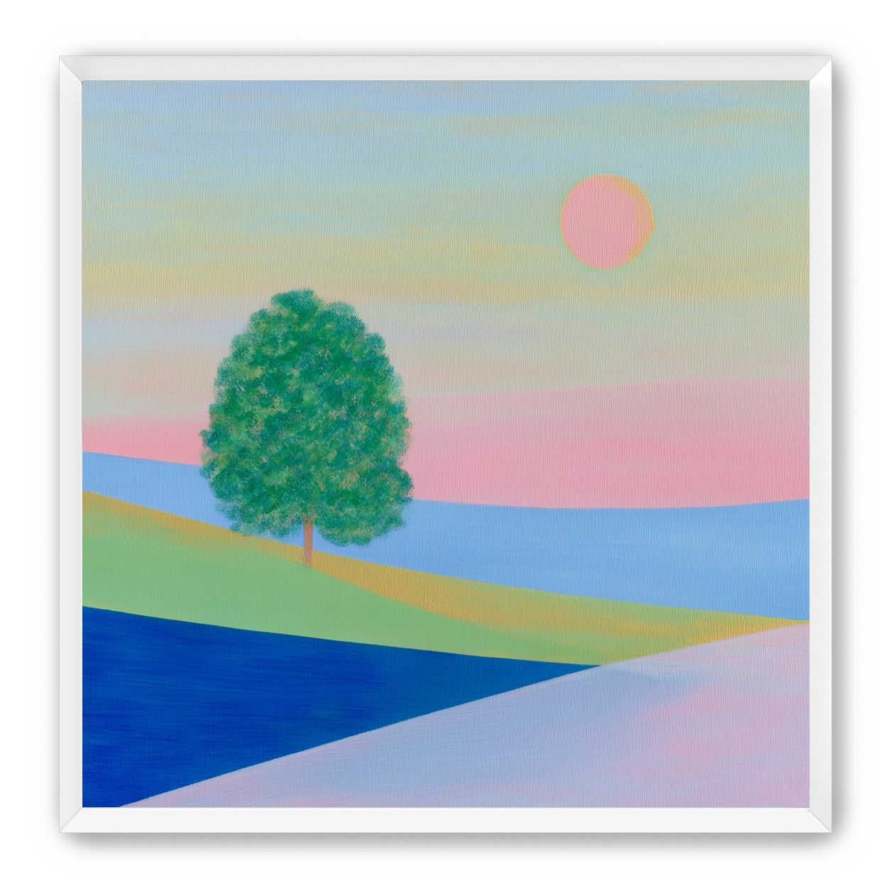 Pink sun over striped hills
