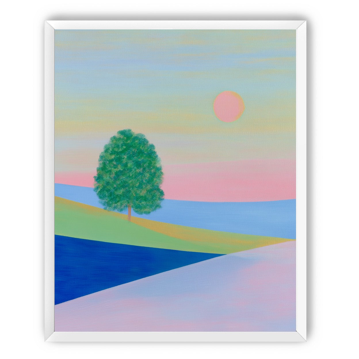 Pink sun over striped hills