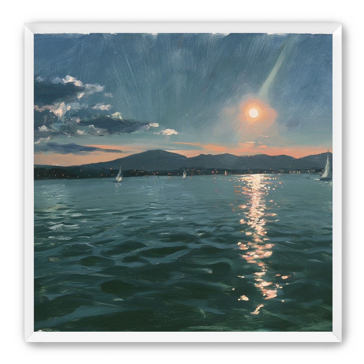 Peach sun on blue water