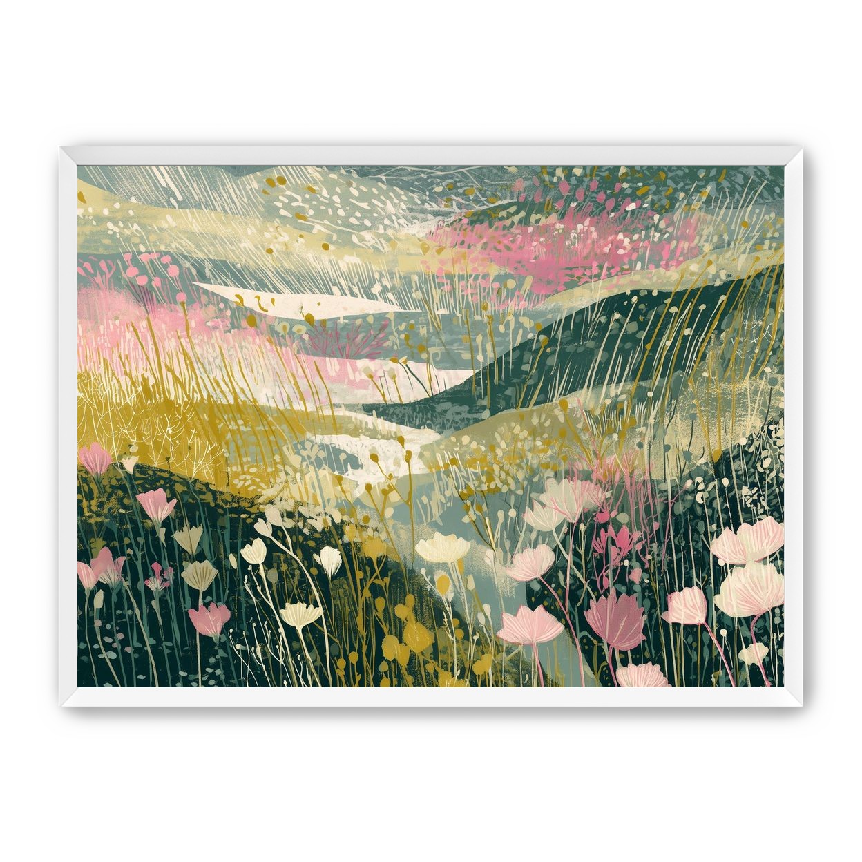 Wildflowers across layered hills