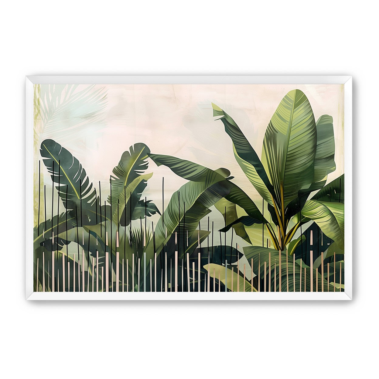Tropical leaves behind black bars