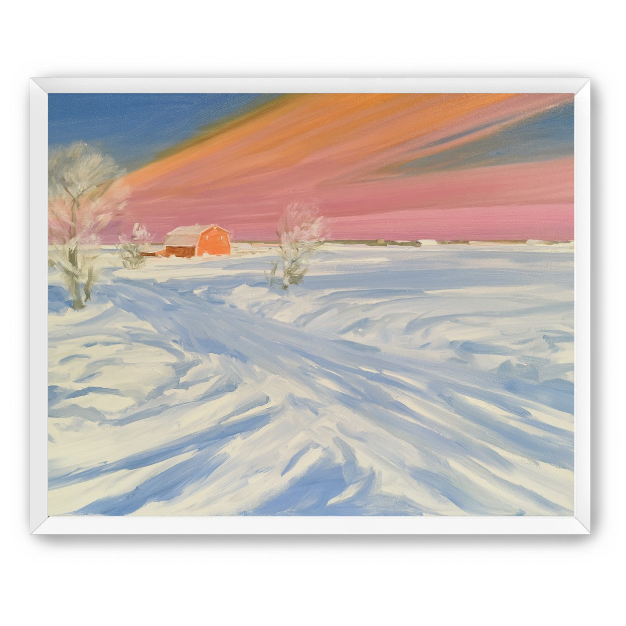 Pink sky over the red barn