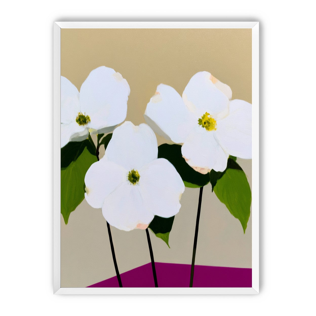 Three white flowers above purple