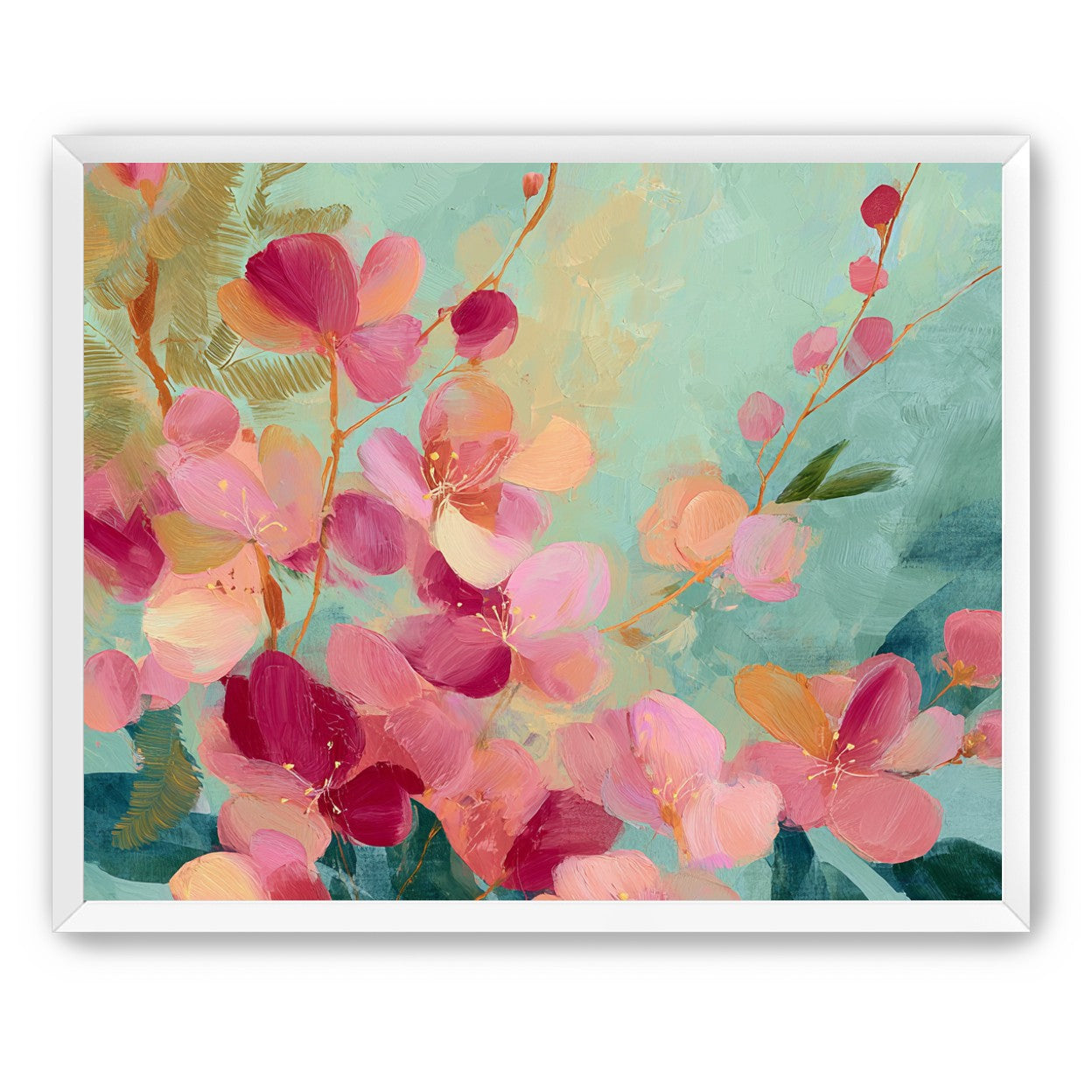 Pink blossoms drifting through teal