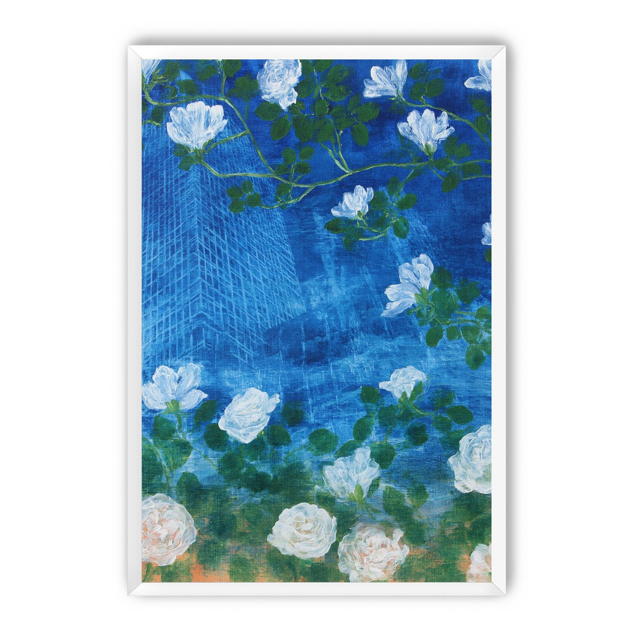 White blossoms on cobalt blue