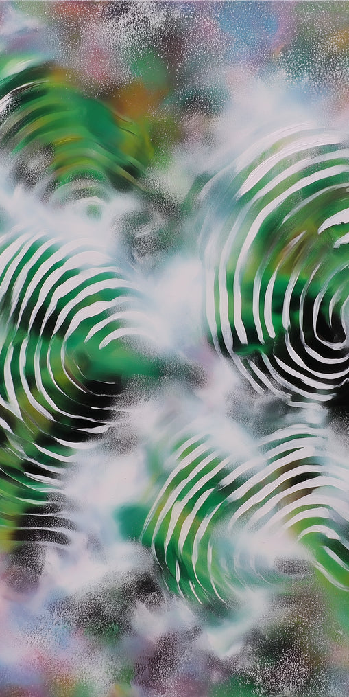 White haze over green spirals