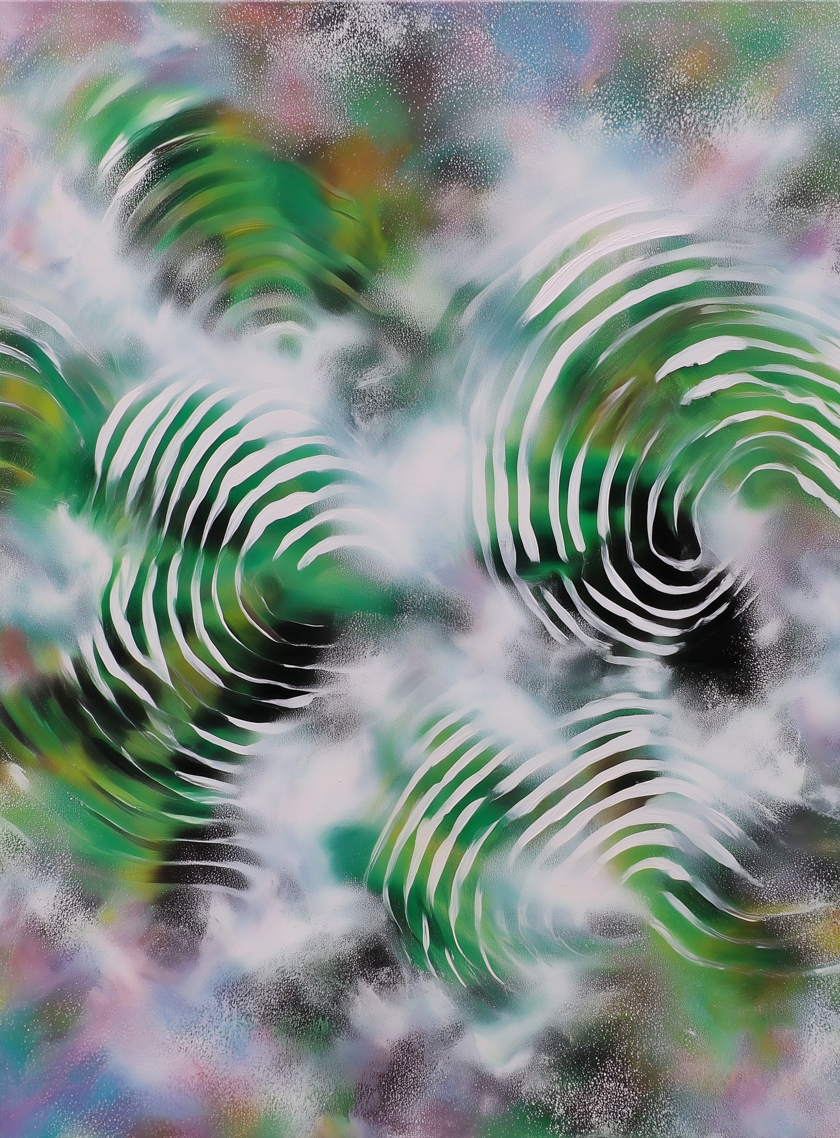 White haze over green spirals