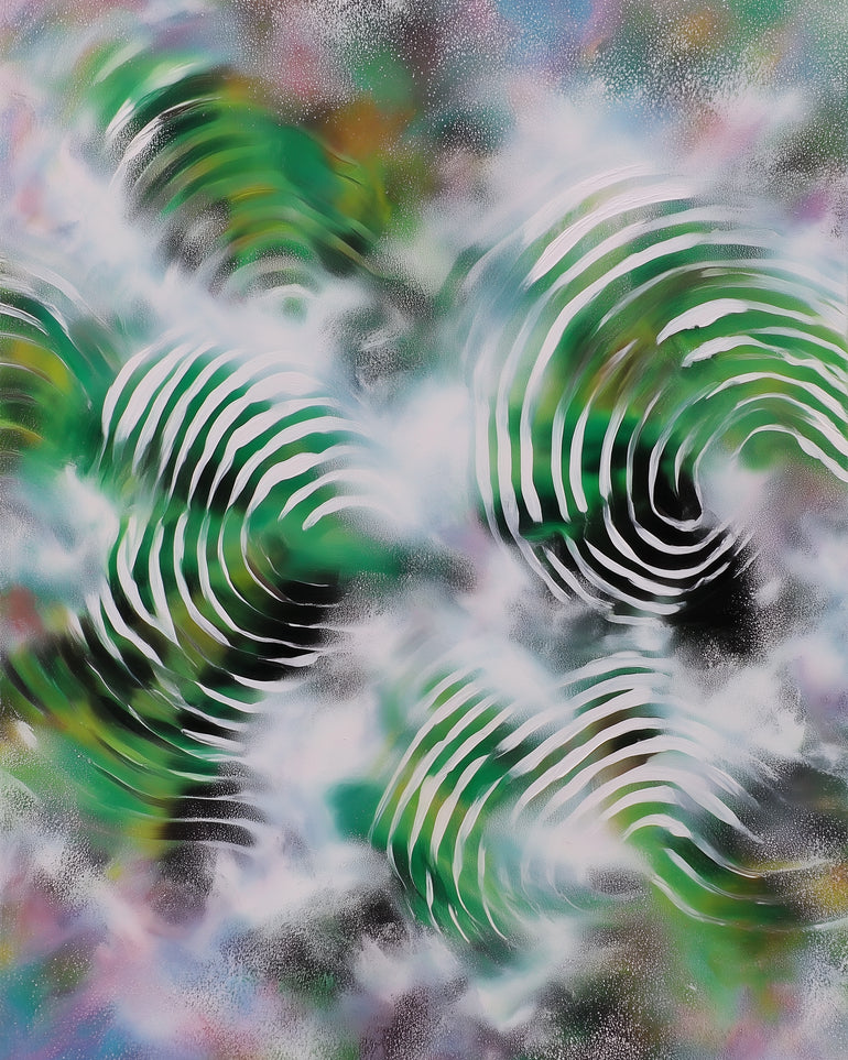 White haze over green spirals