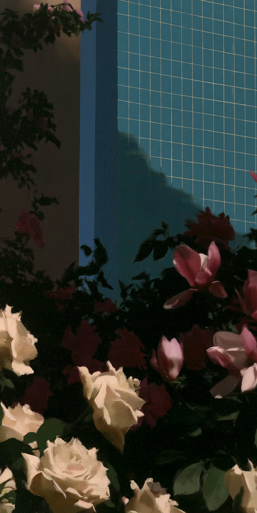Flowers beneath the tiled wall