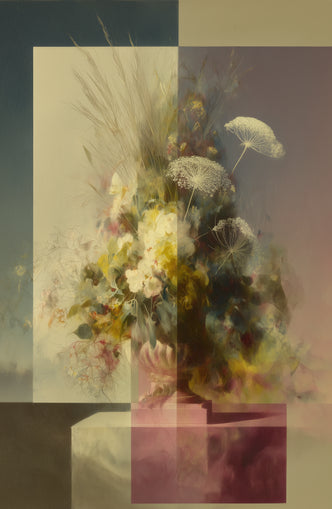 Vase of flowers within panes