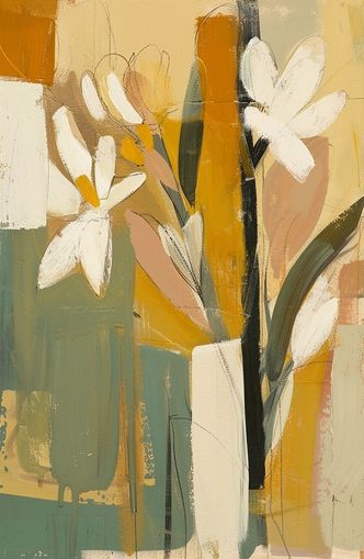 White flowers in ochre blocks